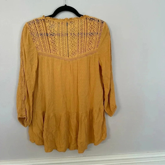 American Eagle Women’s 3/4 Sleeve Mustard Yellow Flowy Lace Top Size S GUC - Picture 10 of 10